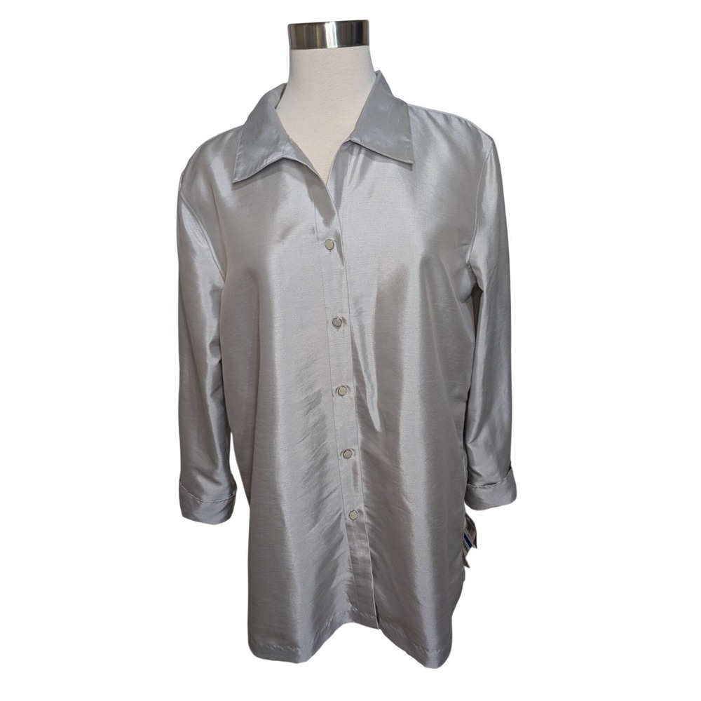 Charter Club Silver Button Down Shirt XL Long Sleeve Shimmer Blouse NWT Classic